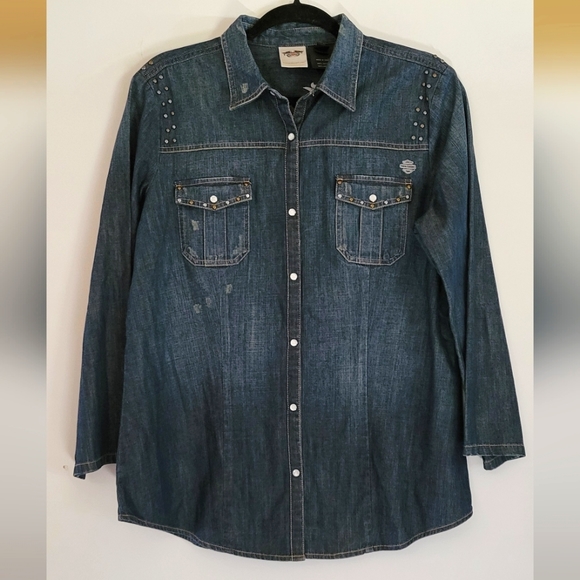 Harley Davidson Logo Embroidered Studded Denim Shirt Pearl Snap Roll Tab Sleeve - Picture 12 of 12